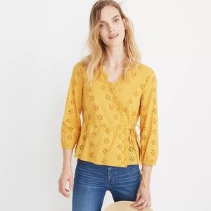 Madewell mustard Scalloped Eyelet Wrap Top
